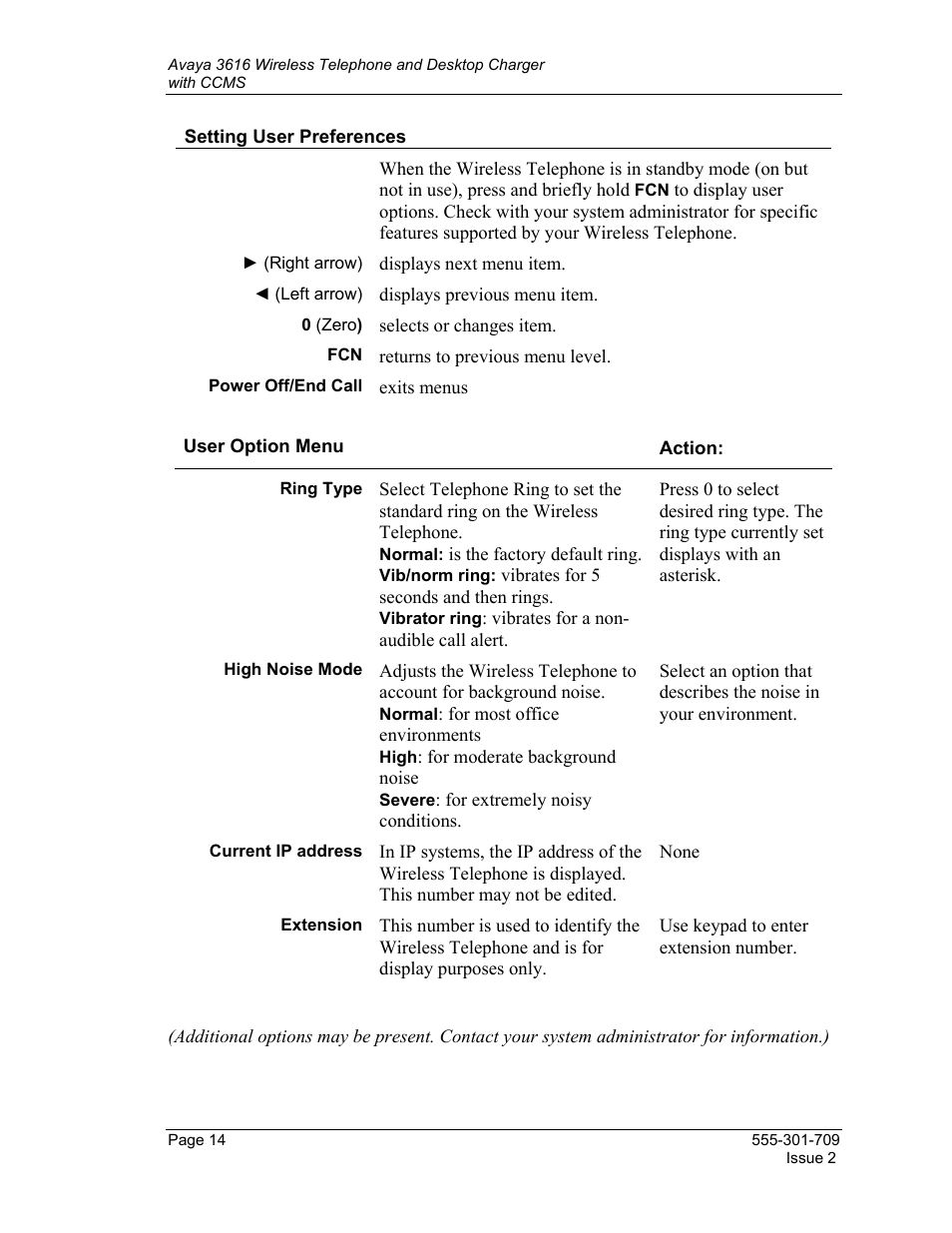 Setting user preferences, User option menu | Avaya 3616 User Manual | Page 14 / 22