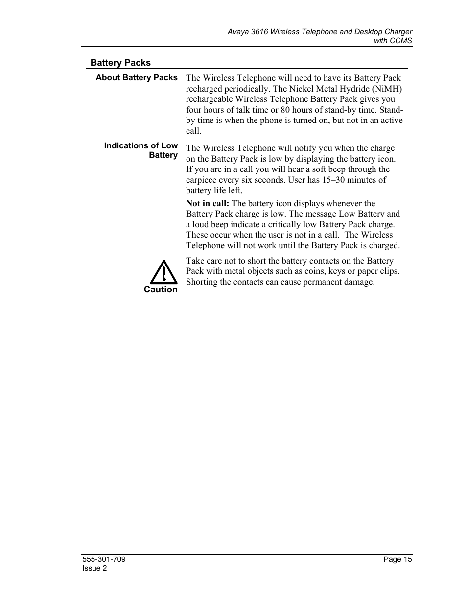 Battery packs, Indications of low battery | Avaya 3616 User Manual | Page 15 / 22