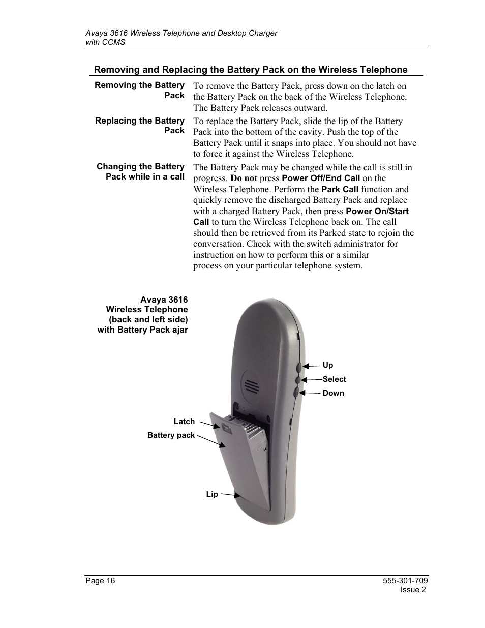 Replacing the battery pack, Changing the battery pack while in a call | Avaya 3616 User Manual | Page 16 / 22