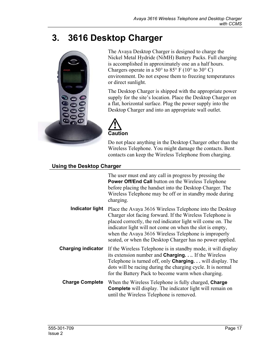 3 3616 desktop charger, Using the desktop charger, Indicator light | Charging indicator, Charge complete, 3616 desktop charger | Avaya 3616 User Manual | Page 17 / 22