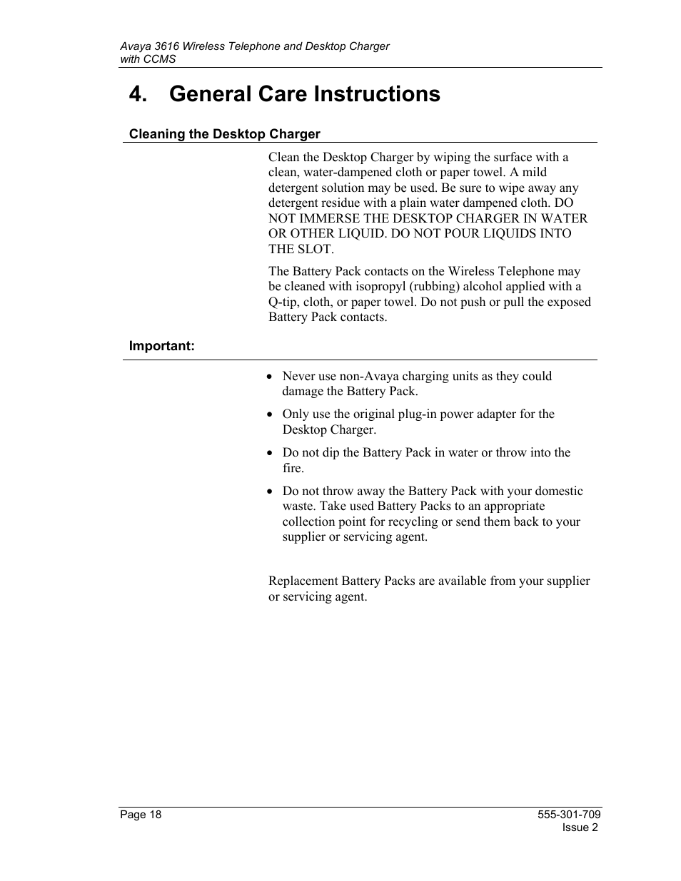 4 general care instructions, Cleaning the desktop charger, General care instructions | Avaya 3616 User Manual | Page 18 / 22