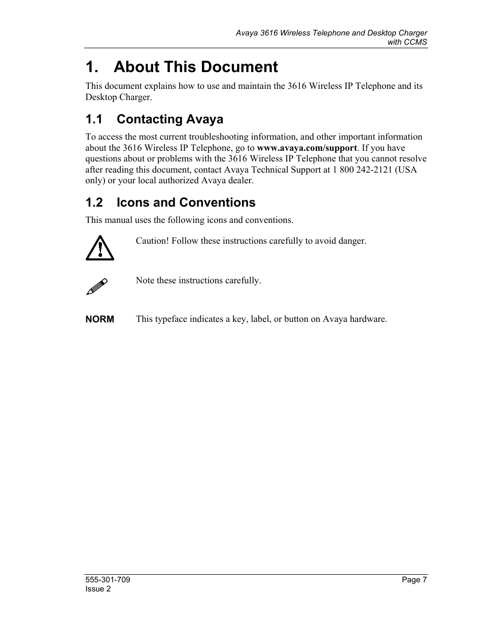 1 about this document, Contacting avaya, Icons and conventions | About this document, 1 contacting avaya, 2 icons and conventions | Avaya 3616 User Manual | Page 7 / 22