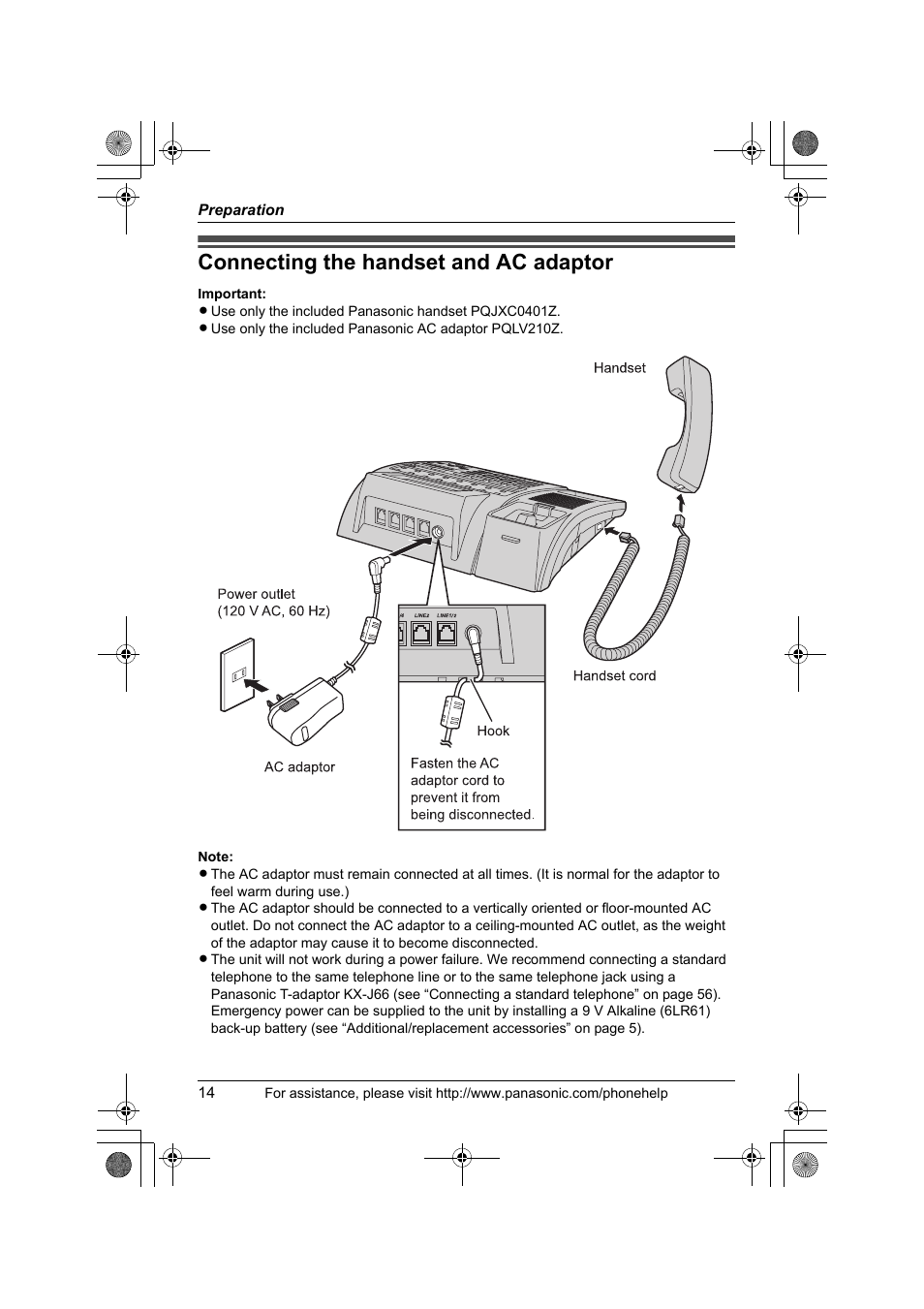 Connecting the handset and ac adaptor | Panasonic KX-TS4200B User Manual | Page 14 / 68