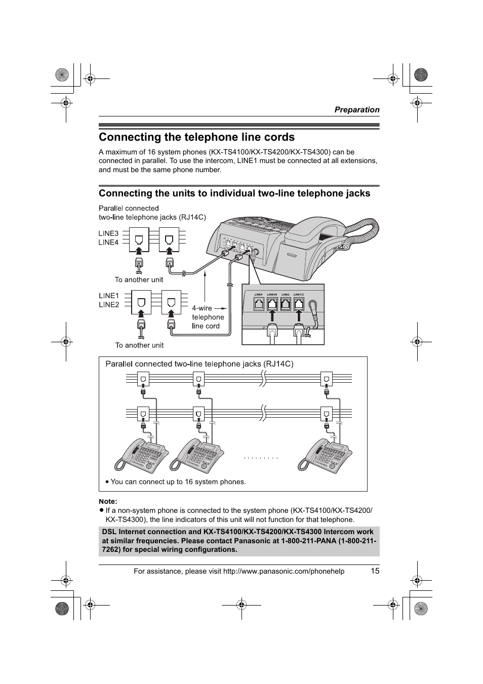 Connectng the telephone line cords, Connecting the telephone line cords | Panasonic KX-TS4200B User Manual | Page 15 / 68