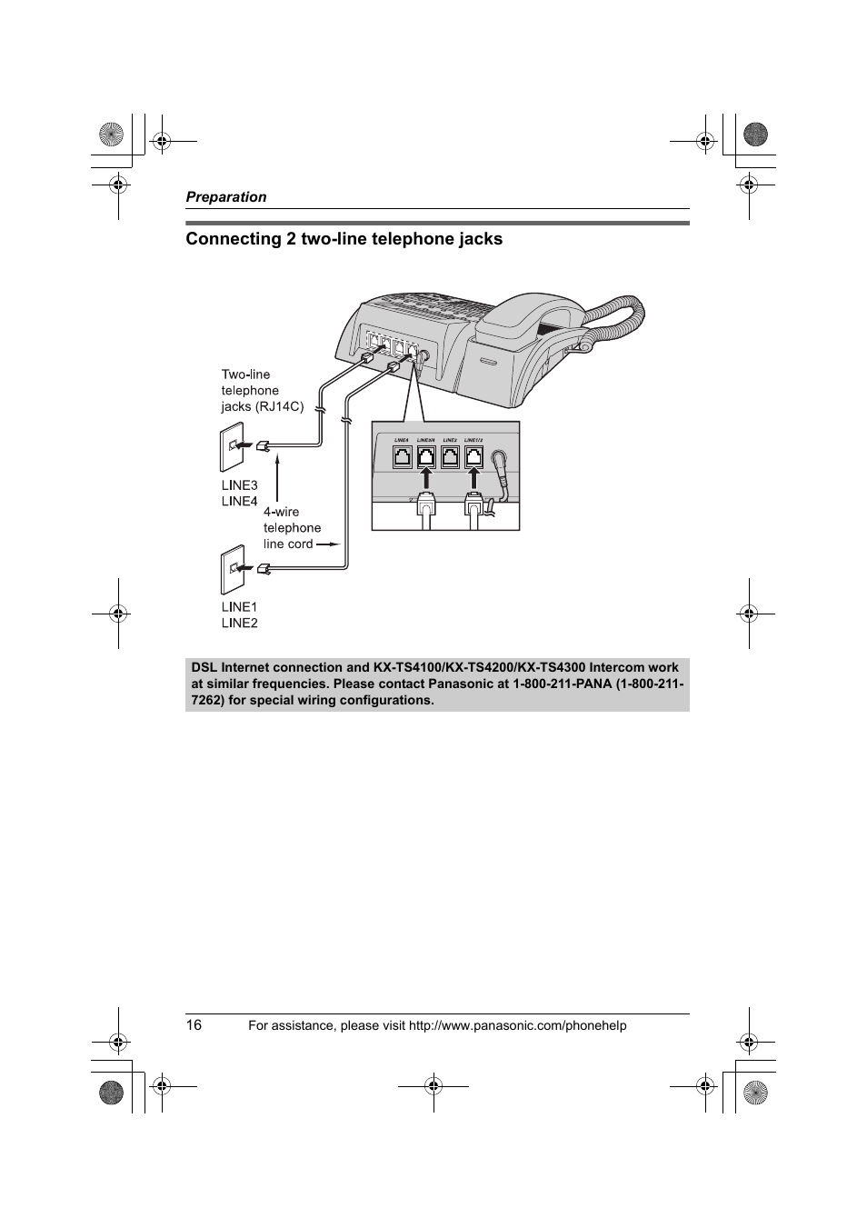 Connecting 2 two-line telephone jacks | Panasonic KX-TS4200B User Manual | Page 16 / 68