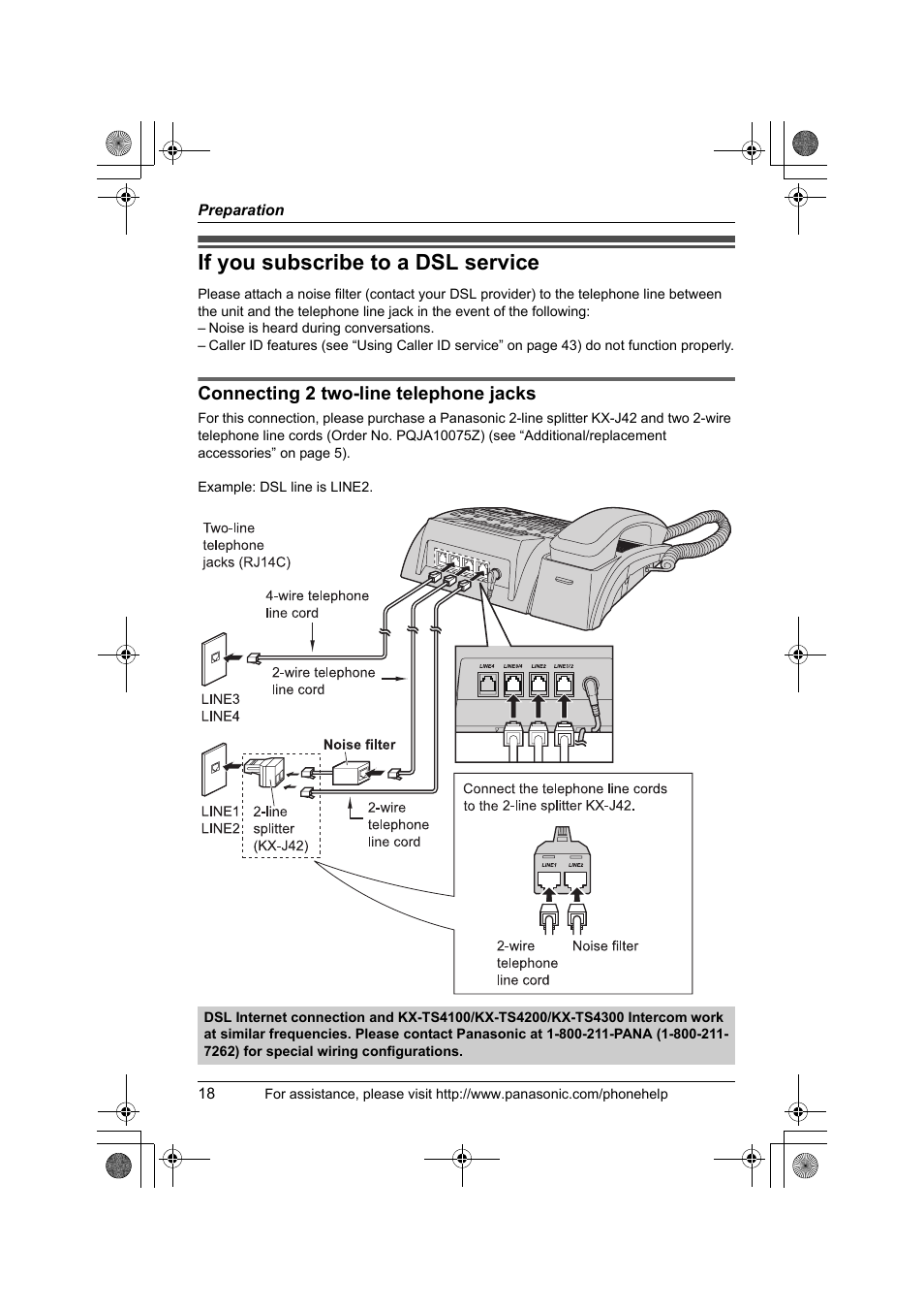 If you subscribe to a dsl service, Connecting 2 two-line telephone jacks | Panasonic KX-TS4200B User Manual | Page 18 / 68