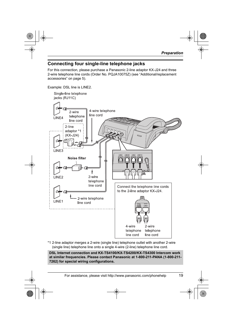 Connecting four single-line telephone jacks | Panasonic KX-TS4200B User Manual | Page 19 / 68