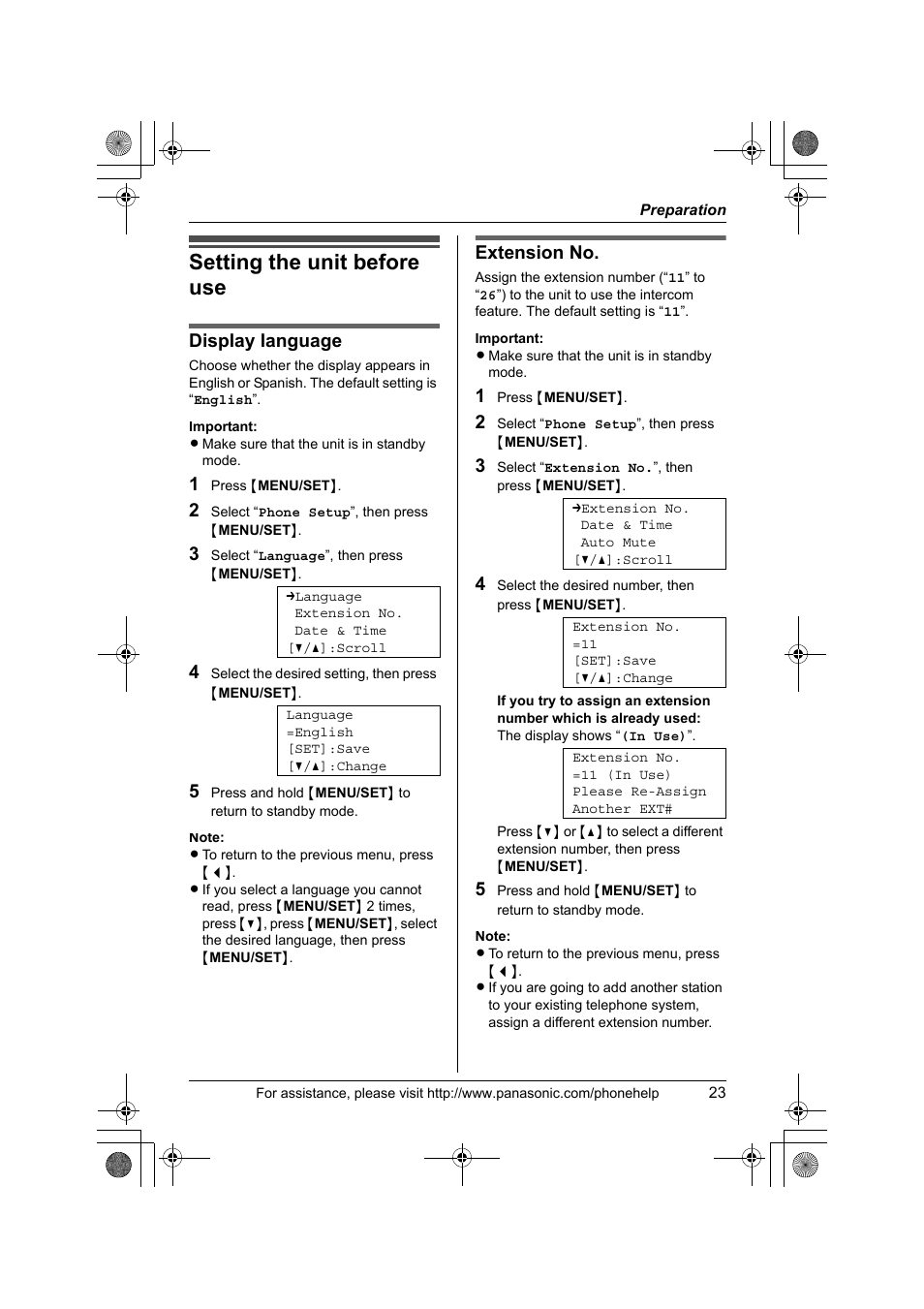 Setting the unit beore use, Setting the unit before use, Display language | Extension no | Panasonic KX-TS4200B User Manual | Page 23 / 68