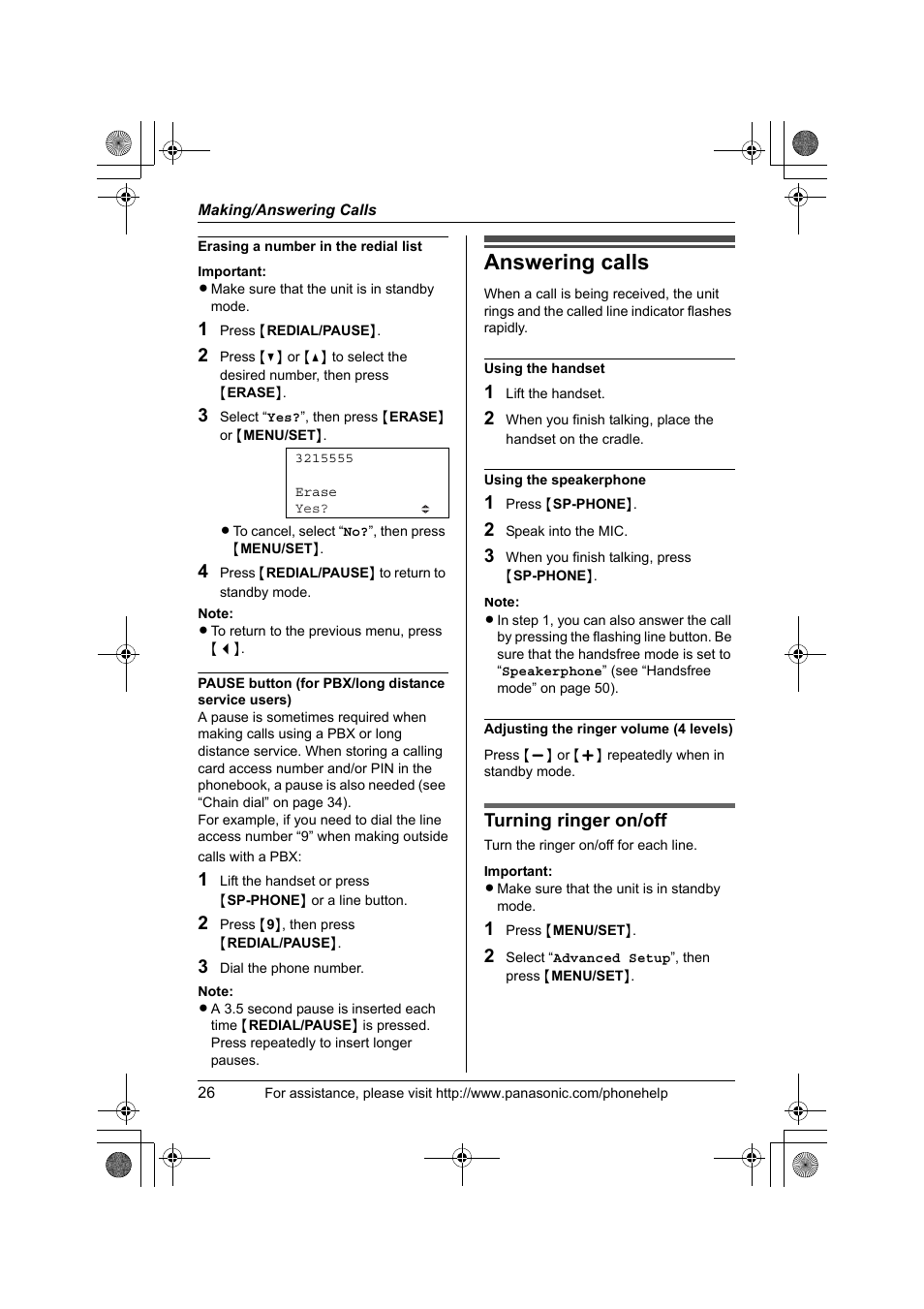 Answering calls, Turning ringer on/off | Panasonic KX-TS4200B User Manual | Page 26 / 68