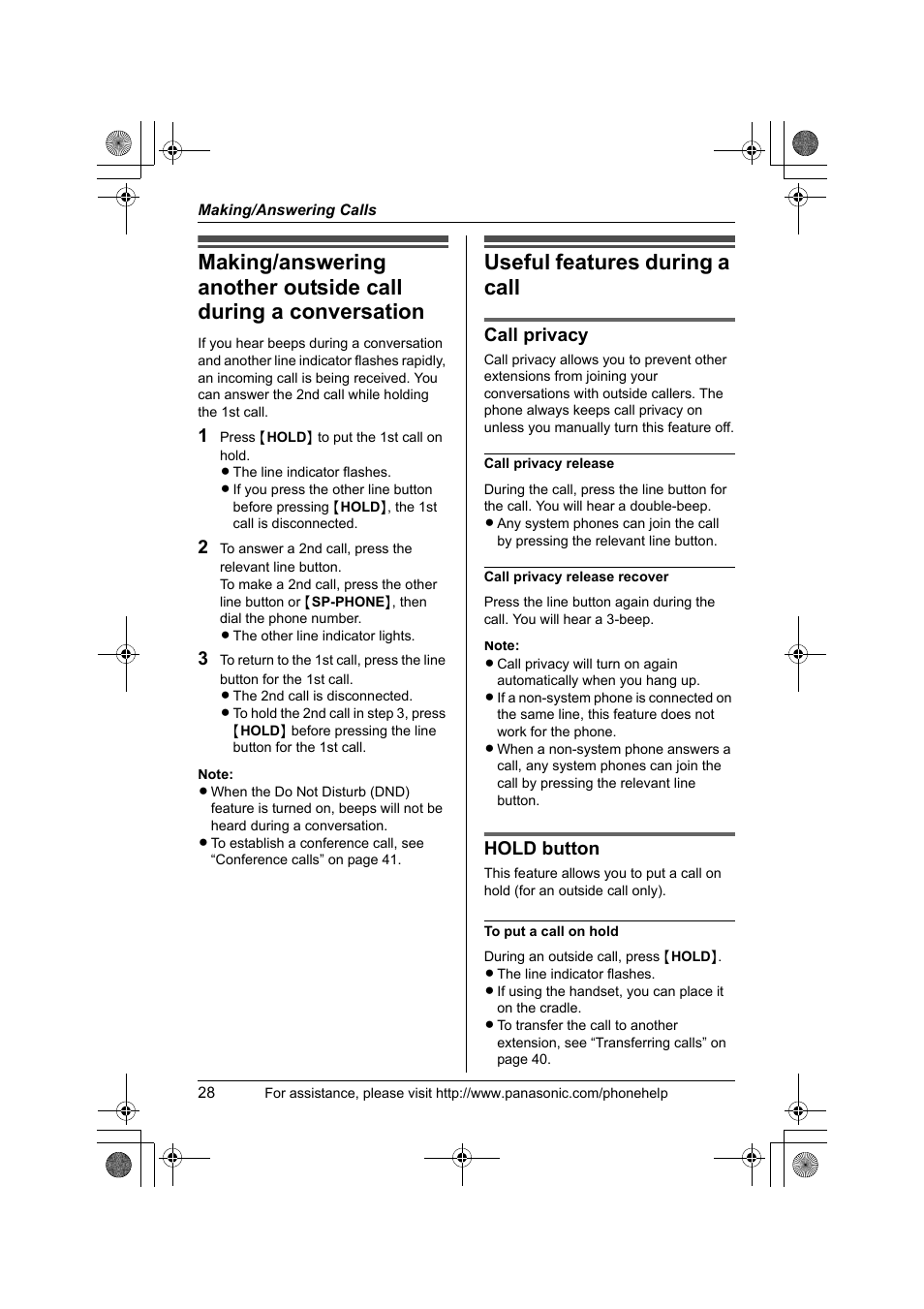 Useful features during a call, Call privacy, Hold button | Panasonic KX-TS4200B User Manual | Page 28 / 68