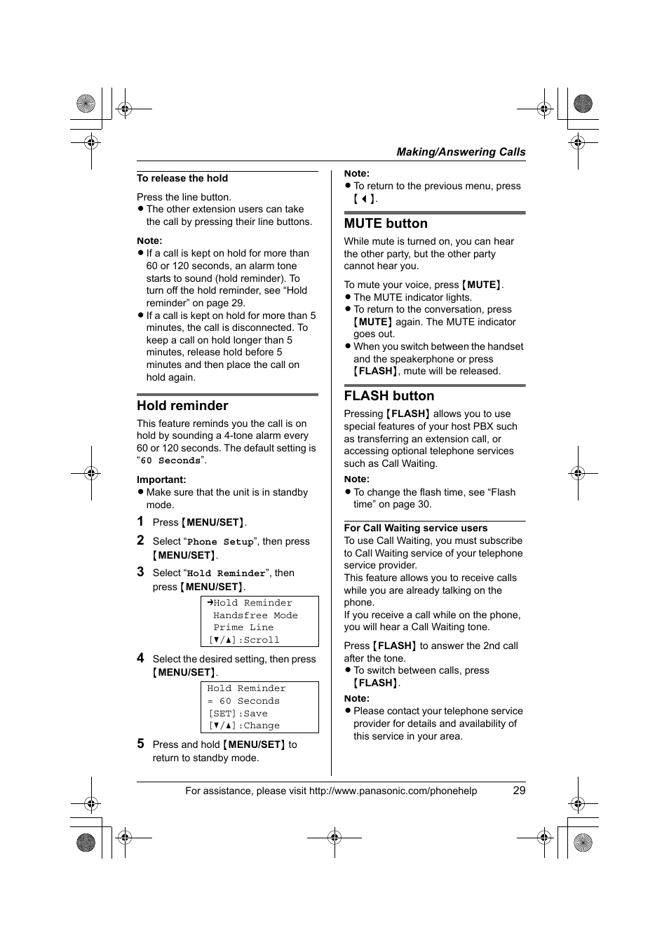 Hold reminder, Mute button, Flash button | Panasonic KX-TS4200B User Manual | Page 29 / 68