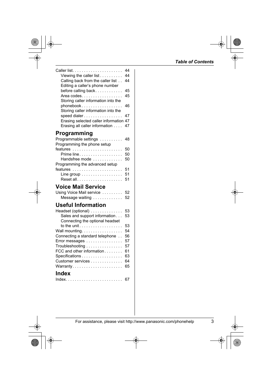 Programming, Voice mail service, Useful information | Index | Panasonic KX-TS4200B User Manual | Page 3 / 68