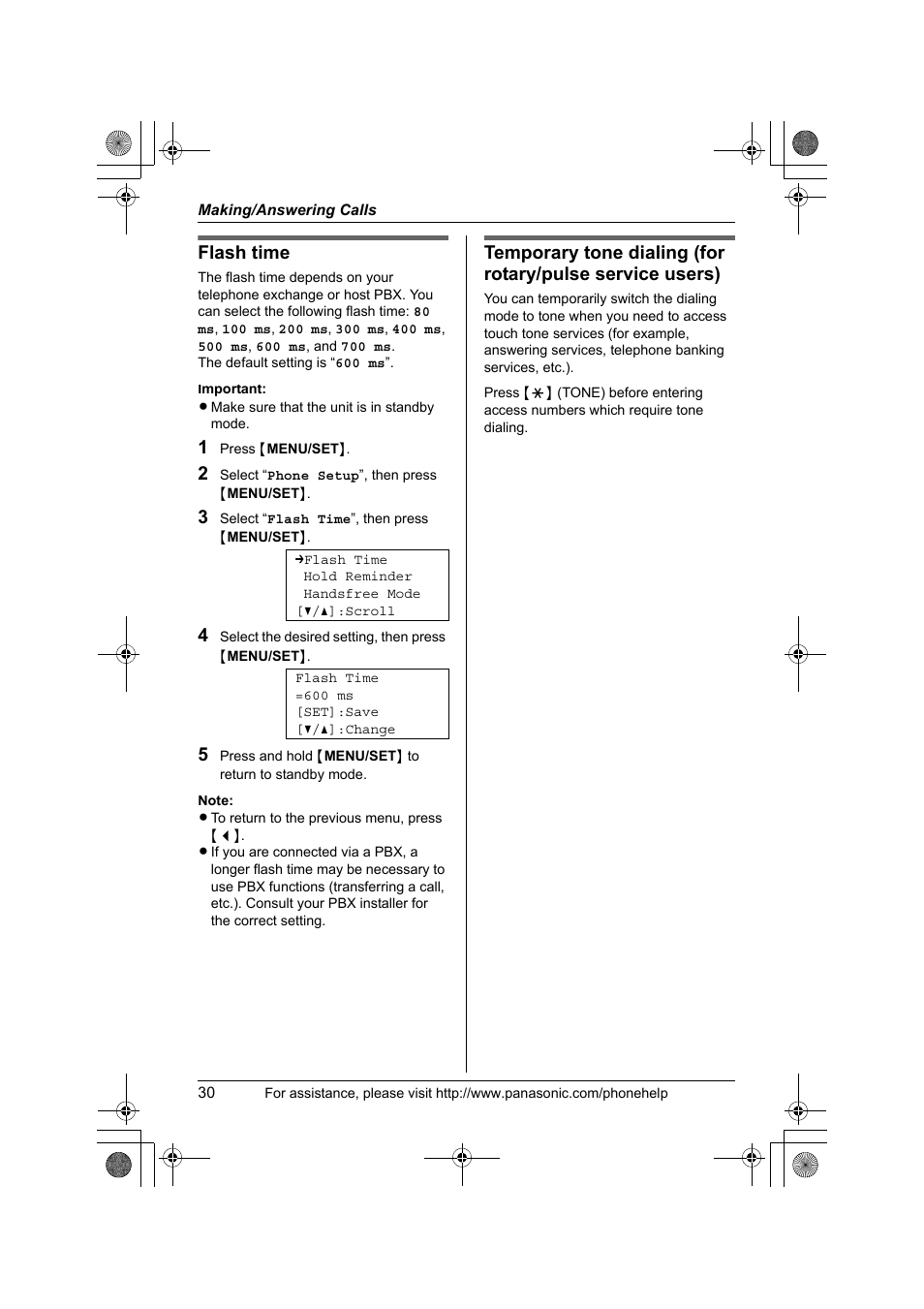 Flash time | Panasonic KX-TS4200B User Manual | Page 30 / 68