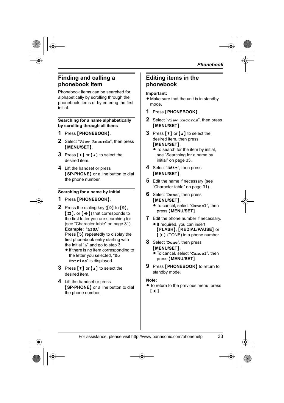 Finding and calling a phonebook item, Editing items in the phonebook | Panasonic KX-TS4200B User Manual | Page 33 / 68