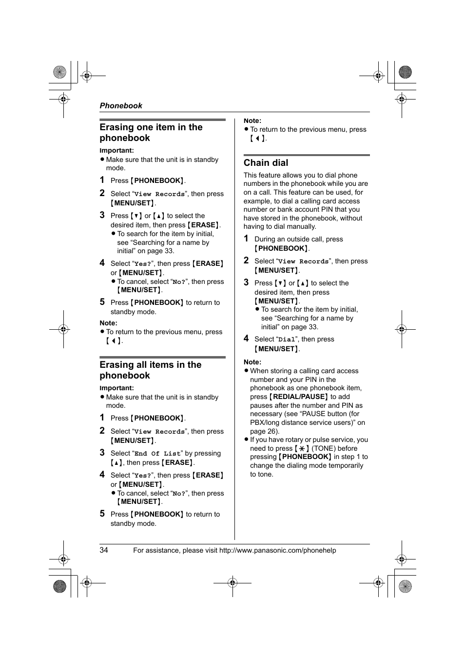 Erasing one item in the phonebook, Erasing all items in the phonebook, Chain dial | Panasonic KX-TS4200B User Manual | Page 34 / 68