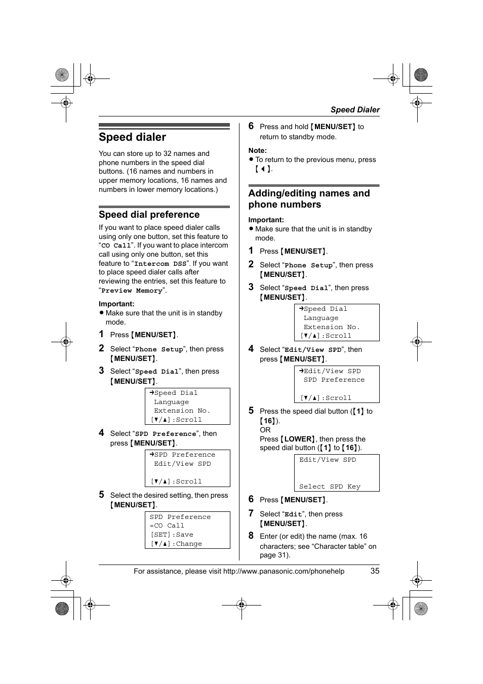 Speed dialer, Speed dial preference, Adding/editing names and phone numbers | Panasonic KX-TS4200B User Manual | Page 35 / 68