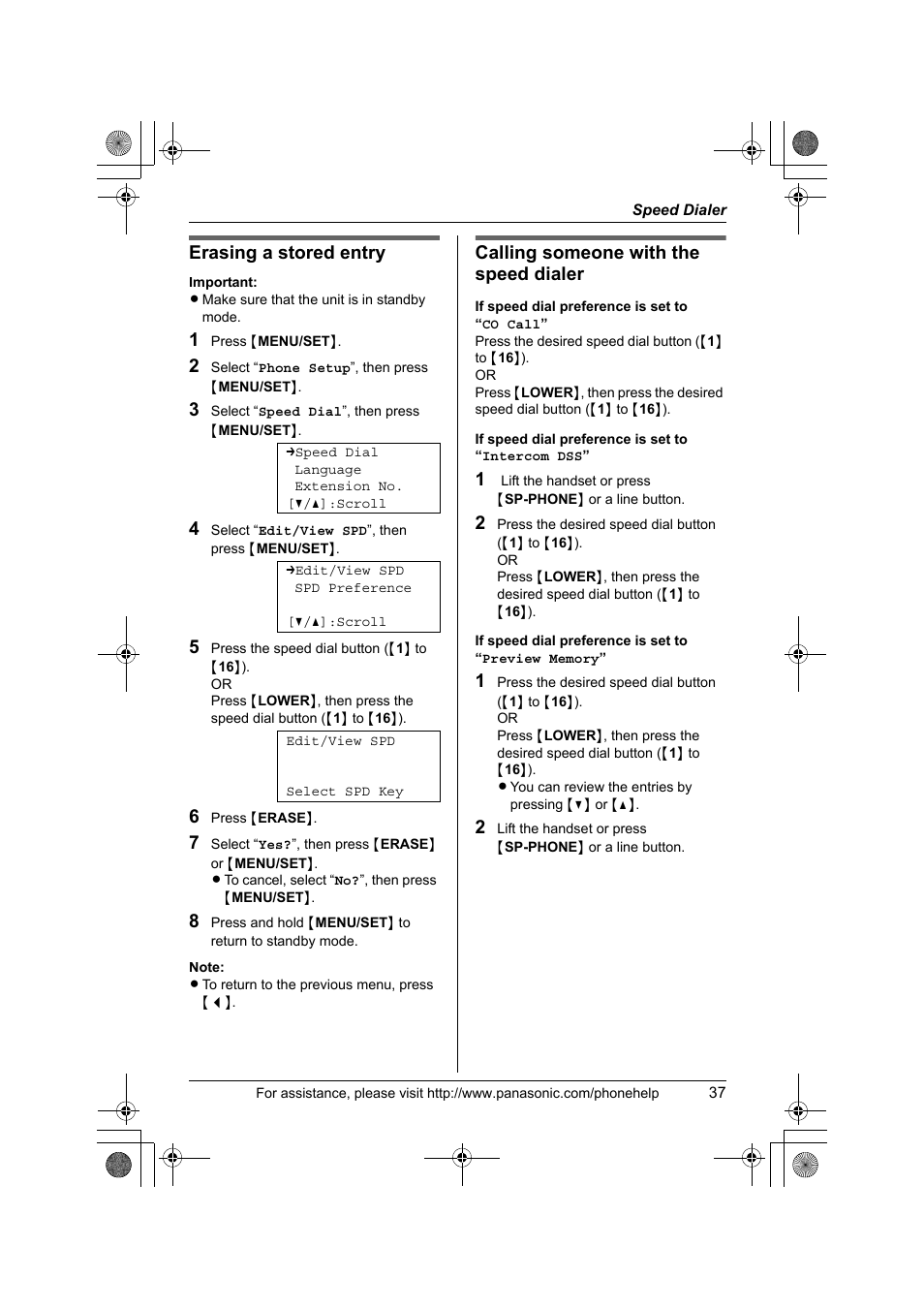 Erasing a stored entry, Calling someone with the speed dialer | Panasonic KX-TS4200B User Manual | Page 37 / 68