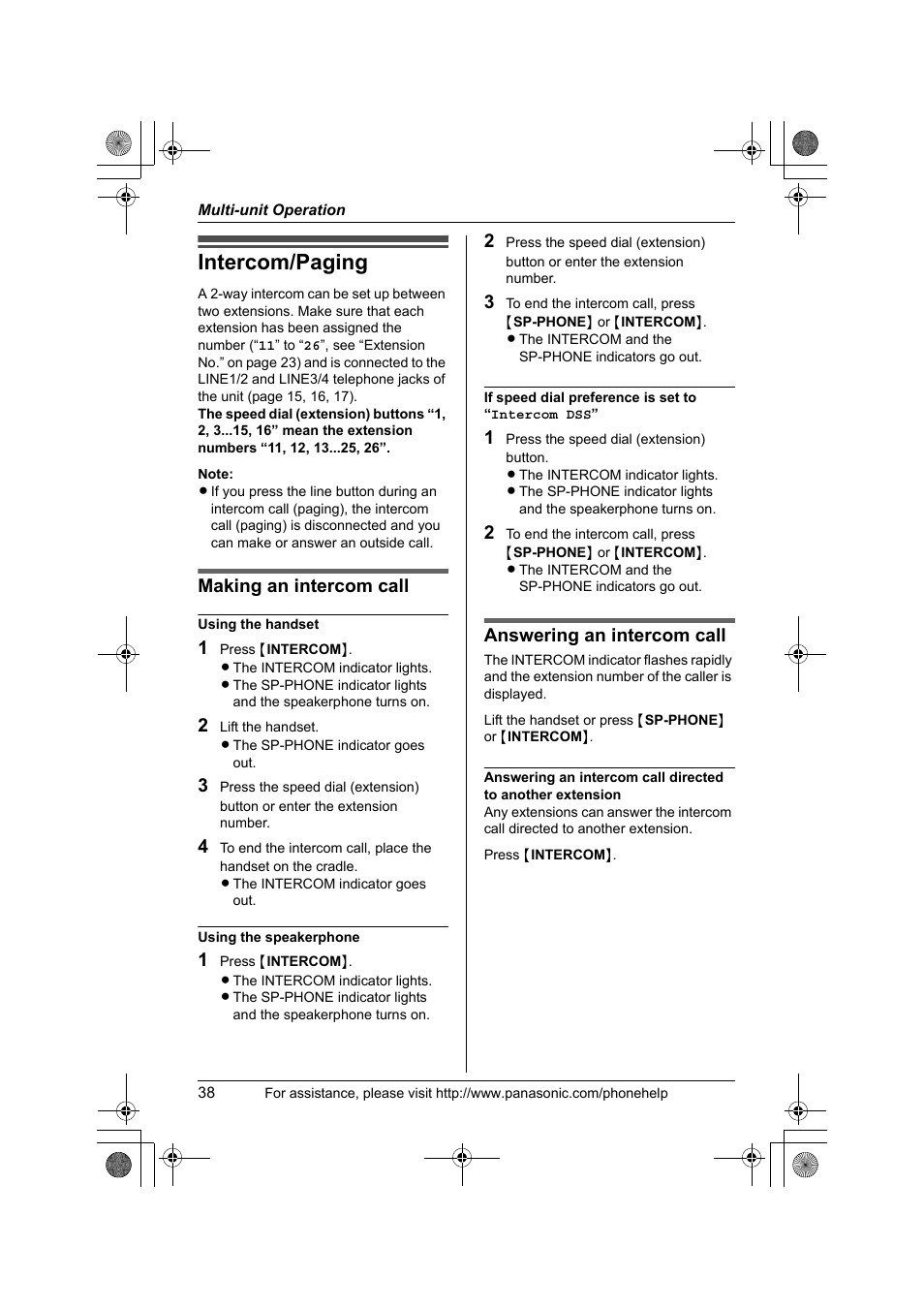 Multi-unit operation, Intercom/paging, Making an intercom call | Answering an intercom call | Panasonic KX-TS4200B User Manual | Page 38 / 68