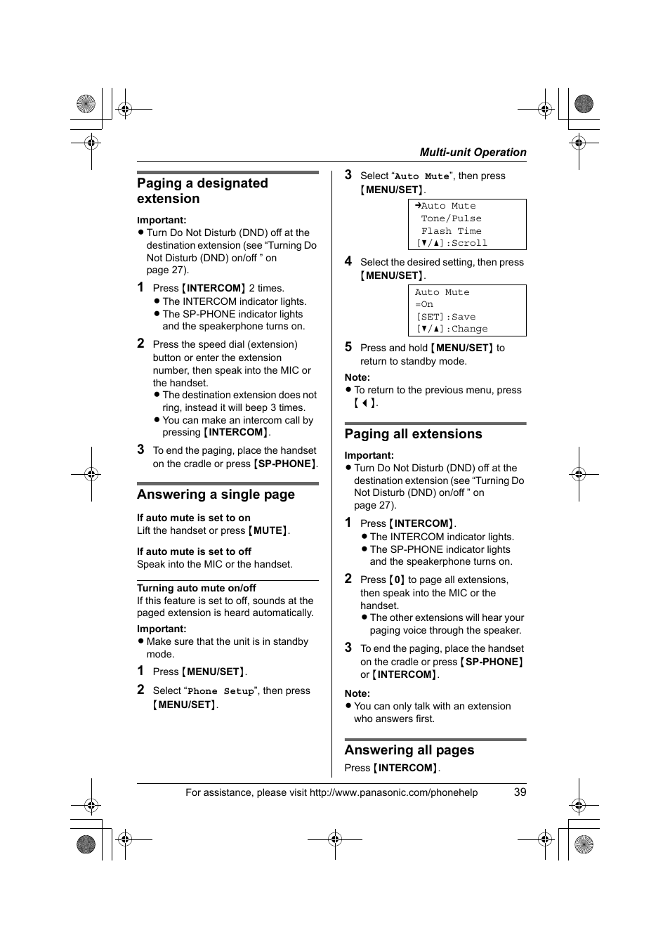 Paging a designated extension, Answering a single page, Paging all extensions | Answering all pages | Panasonic KX-TS4200B User Manual | Page 39 / 68