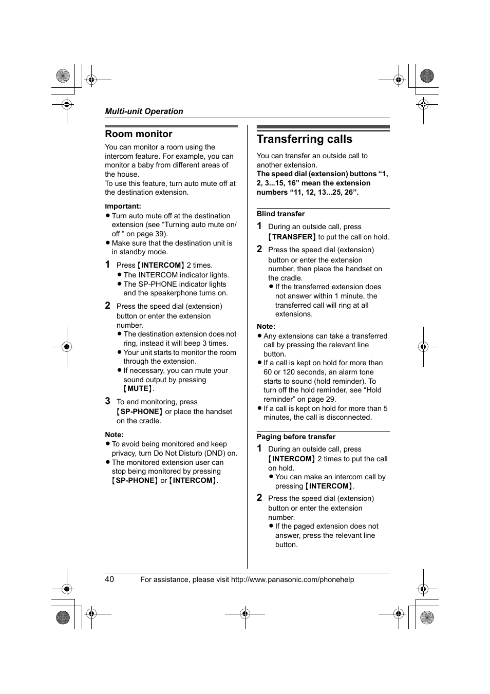 Transferring calls, Room monitor | Panasonic KX-TS4200B User Manual | Page 40 / 68