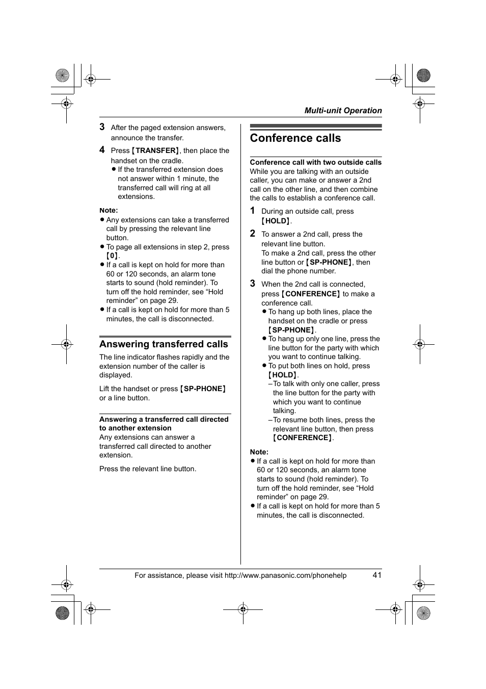 Conference calls, Answering transferred calls | Panasonic KX-TS4200B User Manual | Page 41 / 68