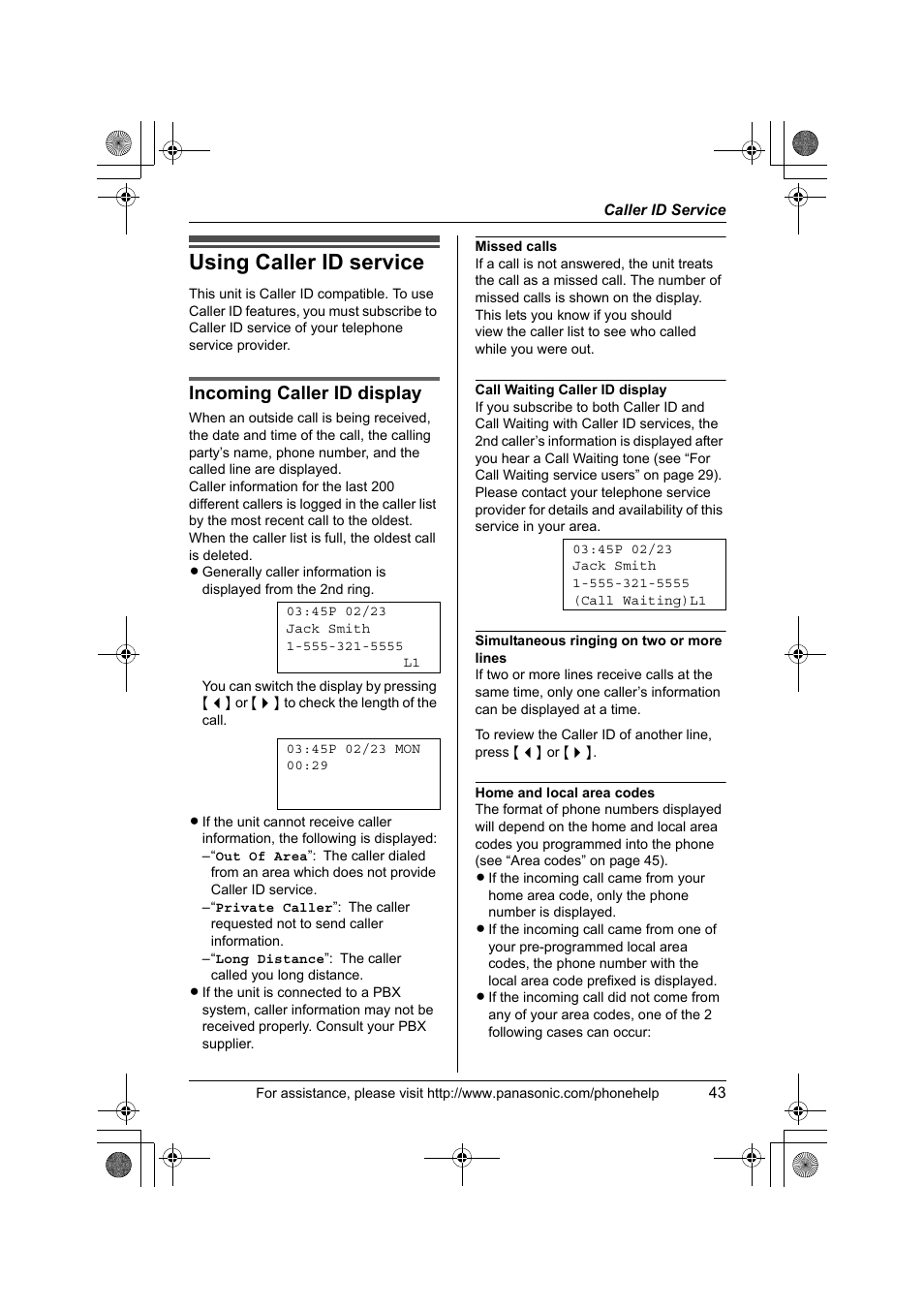 Caller-id service, Using caller id service, Incoming caller id display | Panasonic KX-TS4200B User Manual | Page 43 / 68