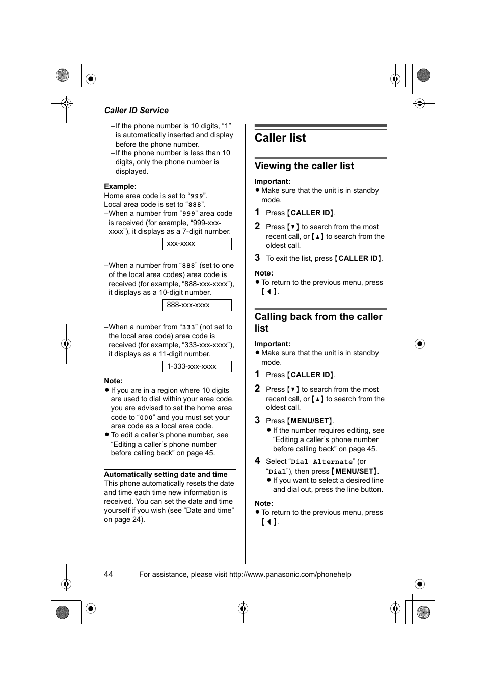 Caller list, Viewing the caller list, Calling back from the caller list | Panasonic KX-TS4200B User Manual | Page 44 / 68