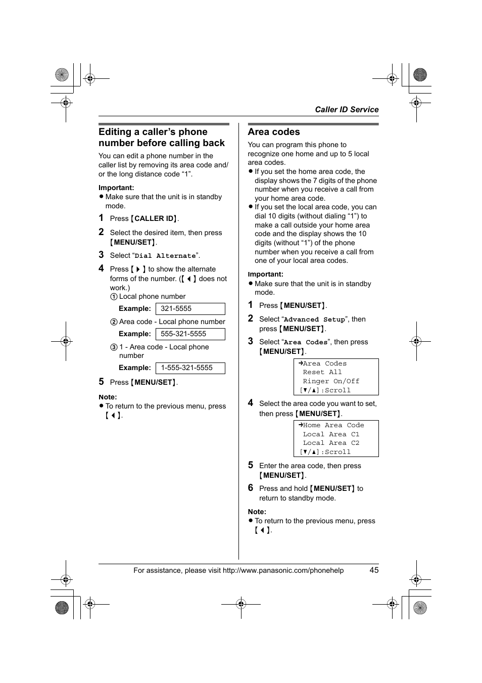 Area codes | Panasonic KX-TS4200B User Manual | Page 45 / 68