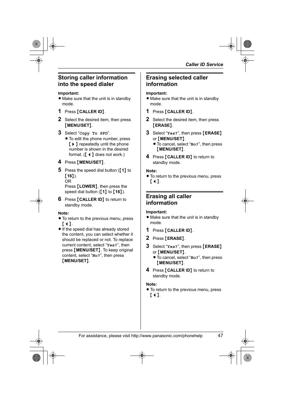 Storing caller information into the speed dialer, Erasing selected caller information, Erasing all caller information | Panasonic KX-TS4200B User Manual | Page 47 / 68