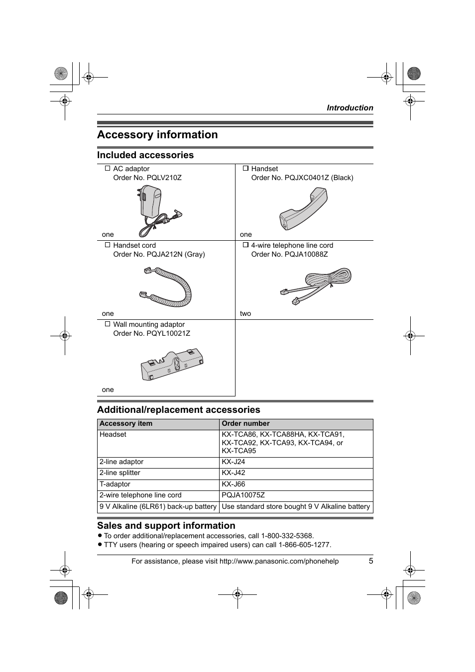 Accessory information | Panasonic KX-TS4200B User Manual | Page 5 / 68