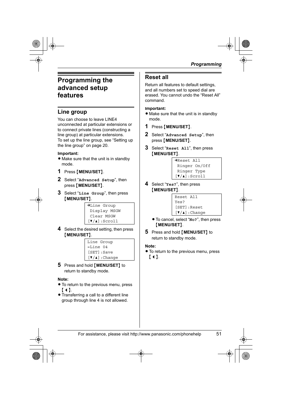 Programming the advanced setup features, Line group, Reset all | Panasonic KX-TS4200B User Manual | Page 51 / 68