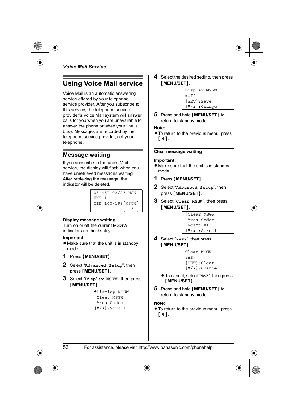 Voice mail service, Using voice mail service, Message waiting | Panasonic KX-TS4200B User Manual | Page 52 / 68