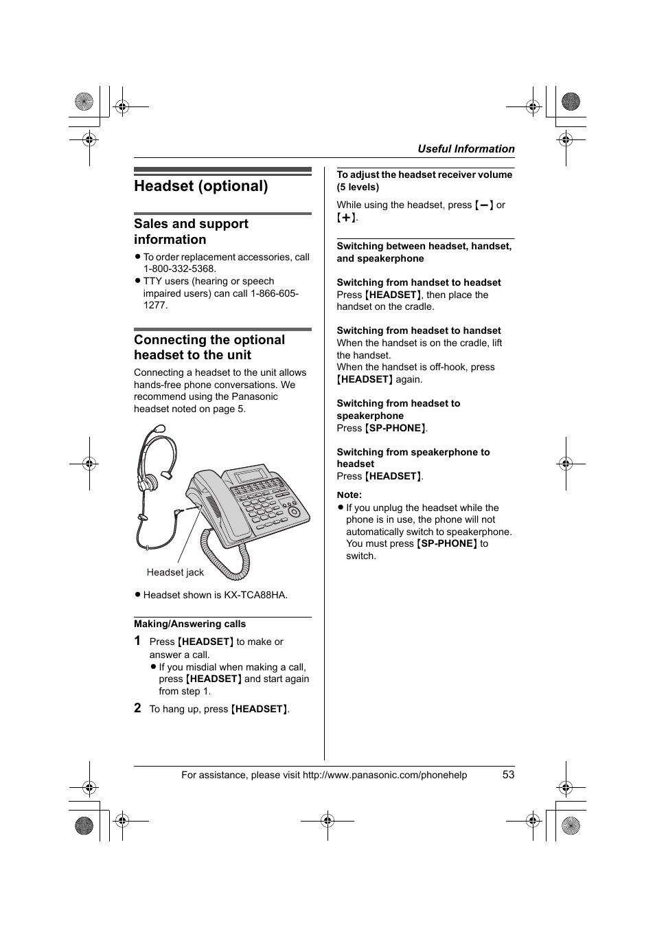 Useful information, Headset (optional), Sales and support information | Connecting the optional headset to the unit | Panasonic KX-TS4200B User Manual | Page 53 / 68