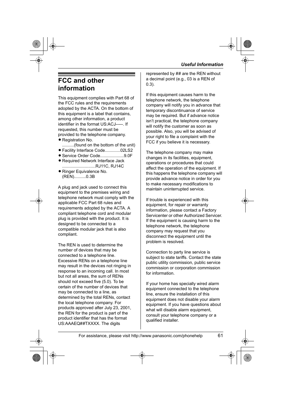 Fcc and other information | Panasonic KX-TS4200B User Manual | Page 61 / 68