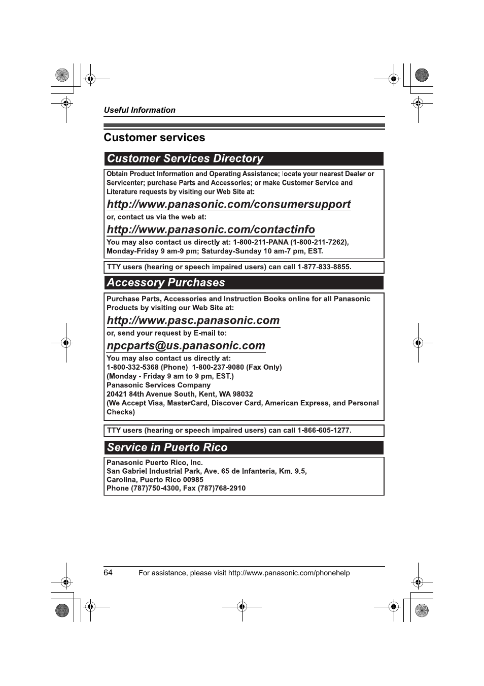 Customer services | Panasonic KX-TS4200B User Manual | Page 64 / 68