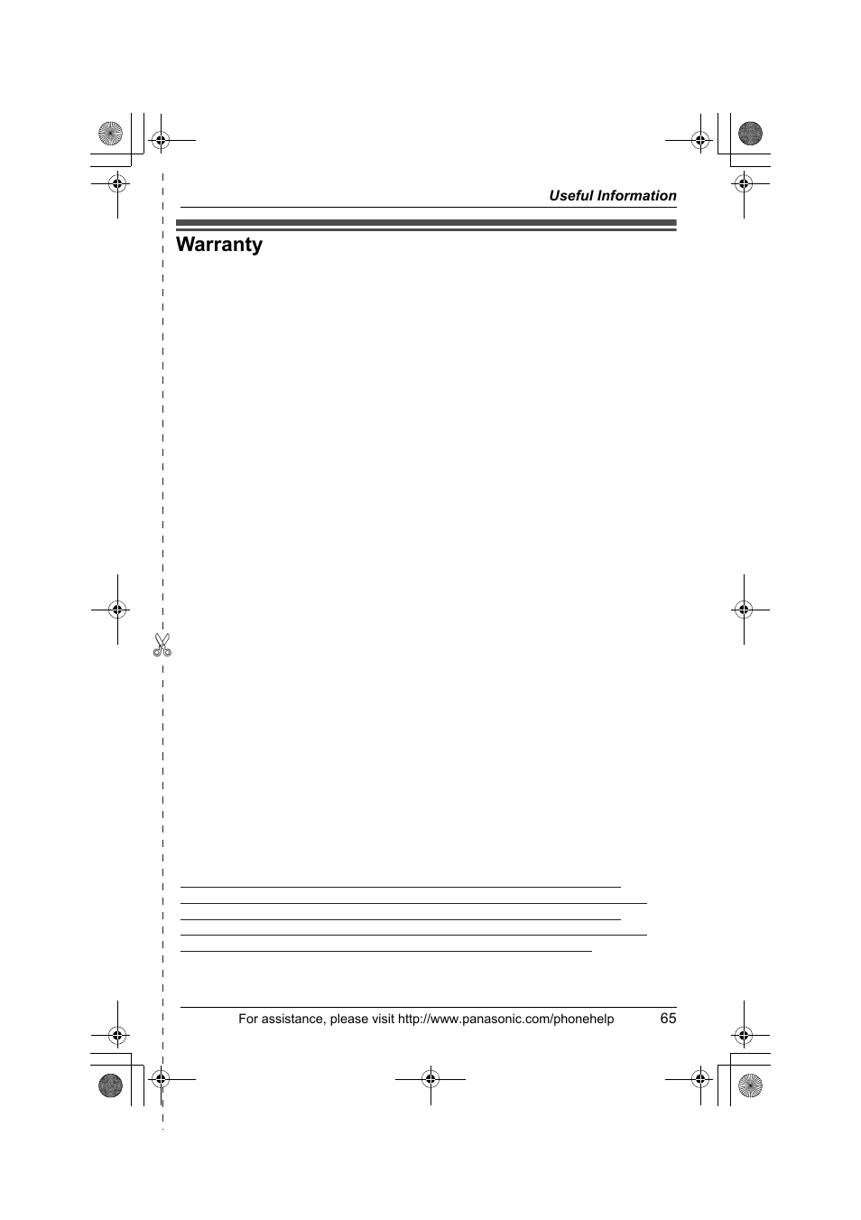 Warranty, Panasonic telephone products limited warranty | Panasonic KX-TS4200B User Manual | Page 65 / 68