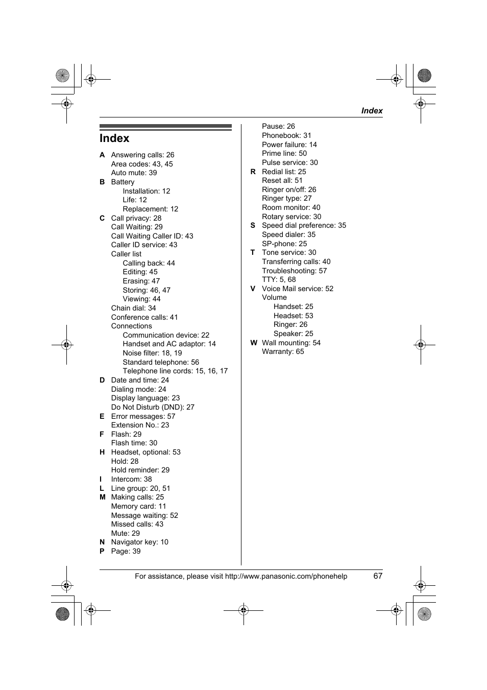 Index | Panasonic KX-TS4200B User Manual | Page 67 / 68