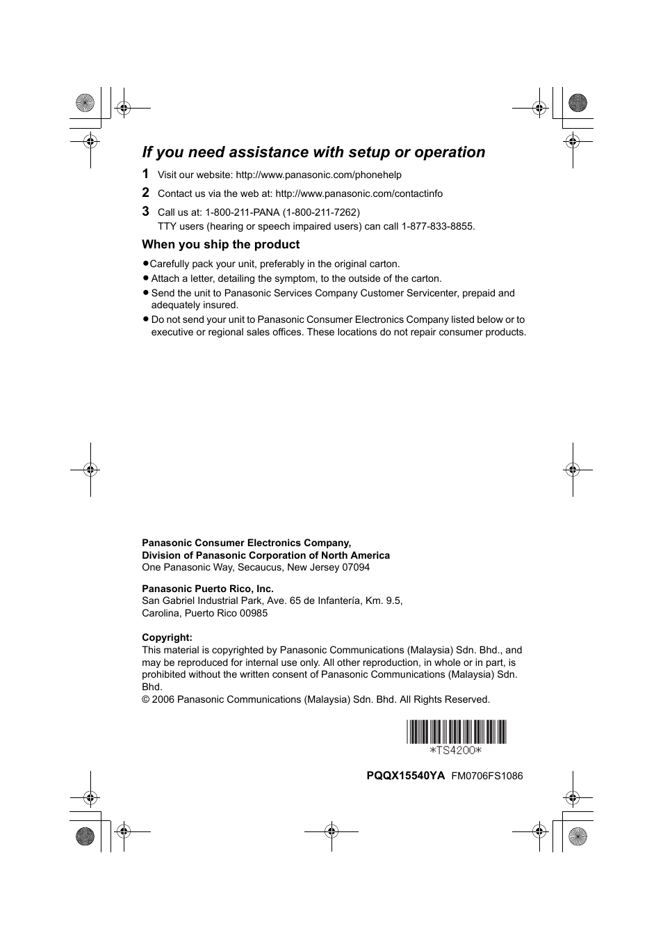 If you need assistance with setup or operation | Panasonic KX-TS4200B User Manual | Page 68 / 68