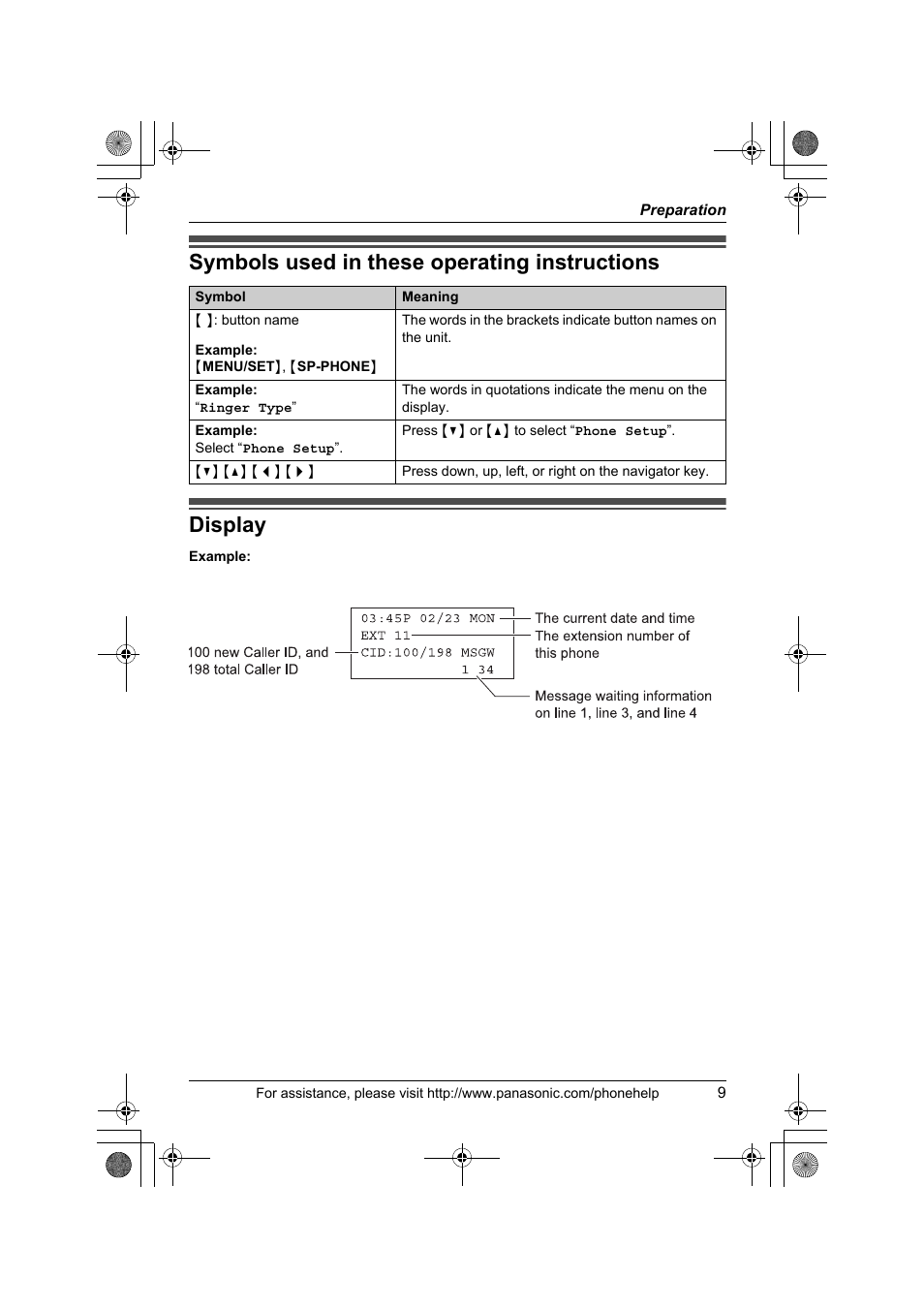 Preparation, Symbols used in these operating instructions, Display | Panasonic KX-TS4200B User Manual | Page 9 / 68
