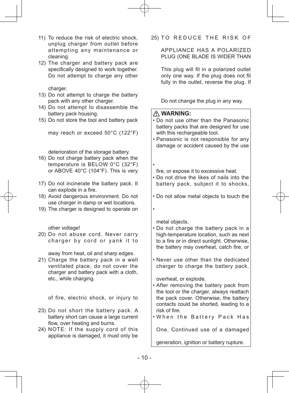 Warning | Panasonic EY74A1X User Manual | Page 10 / 50
