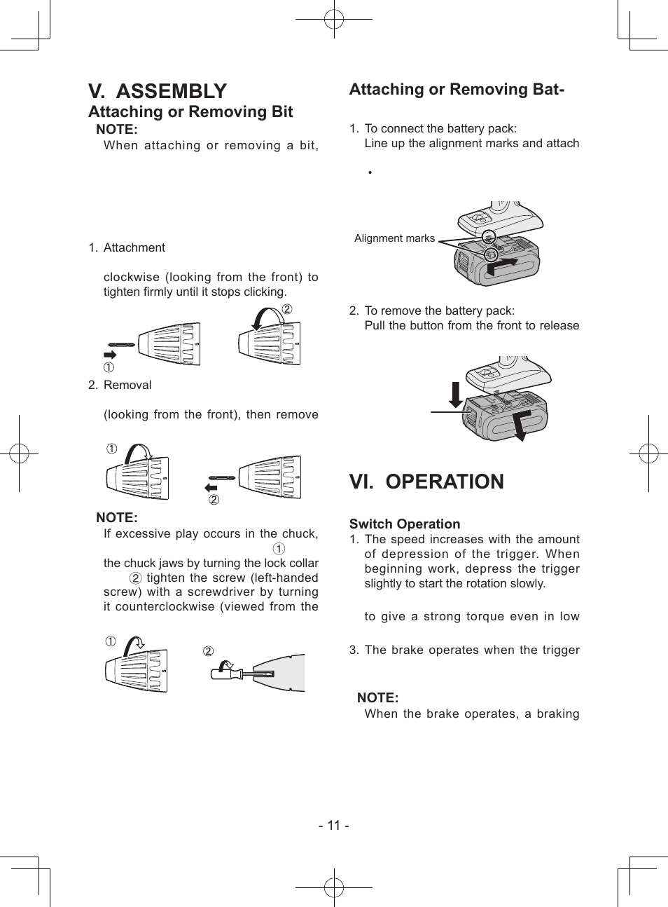 V. assembly, Vi. operation, Attaching or removing bit | Attaching or removing bat- tery pack, Main body | Panasonic EY74A1X User Manual | Page 11 / 50