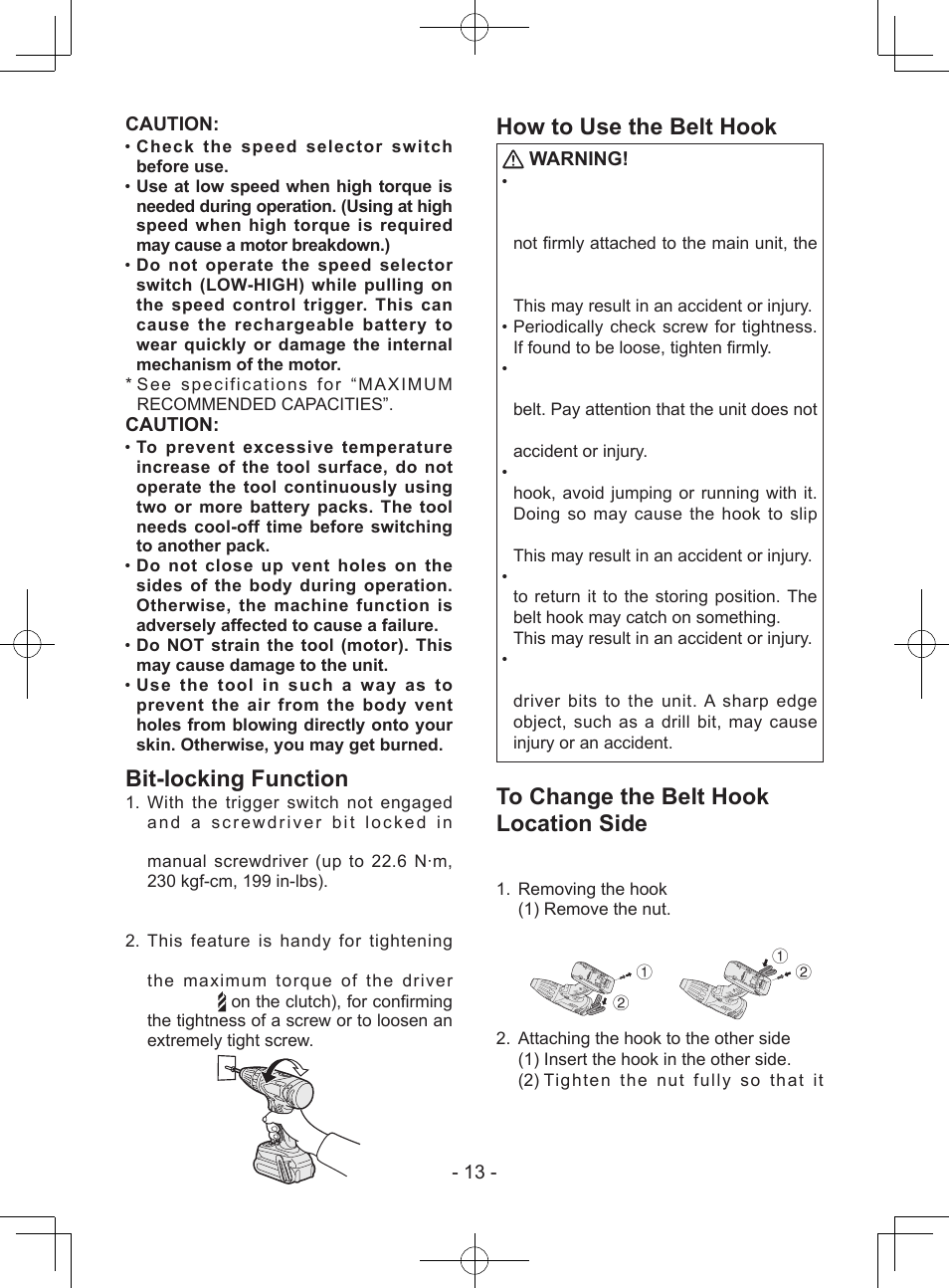 Bit-locking function, How to use the belt hook, 13 - caution | Caution, Warning | Panasonic EY74A1X User Manual | Page 13 / 50