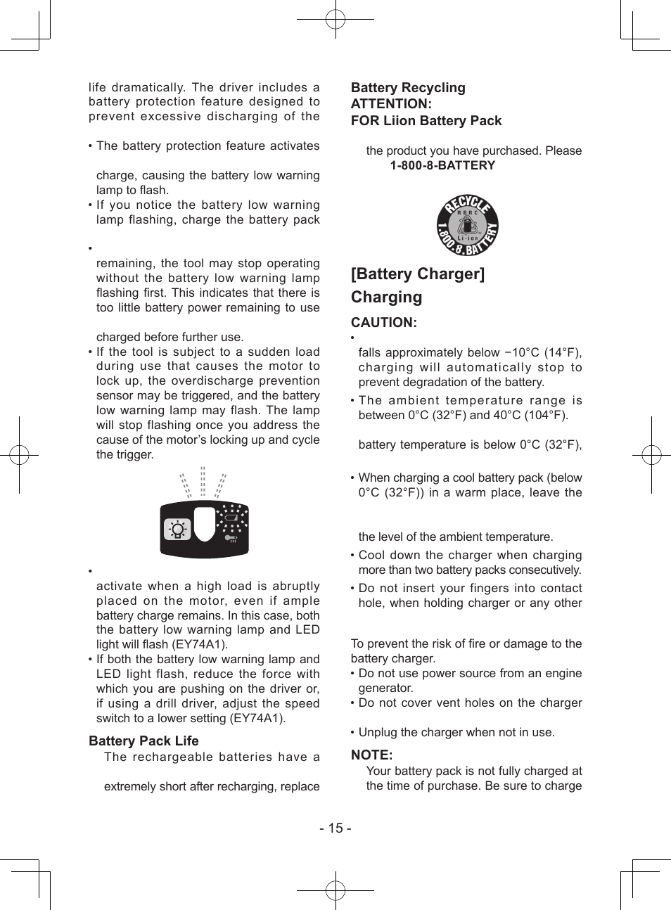 Battery charger] charging, Battery pack life, Caution | Panasonic EY74A1X User Manual | Page 15 / 50