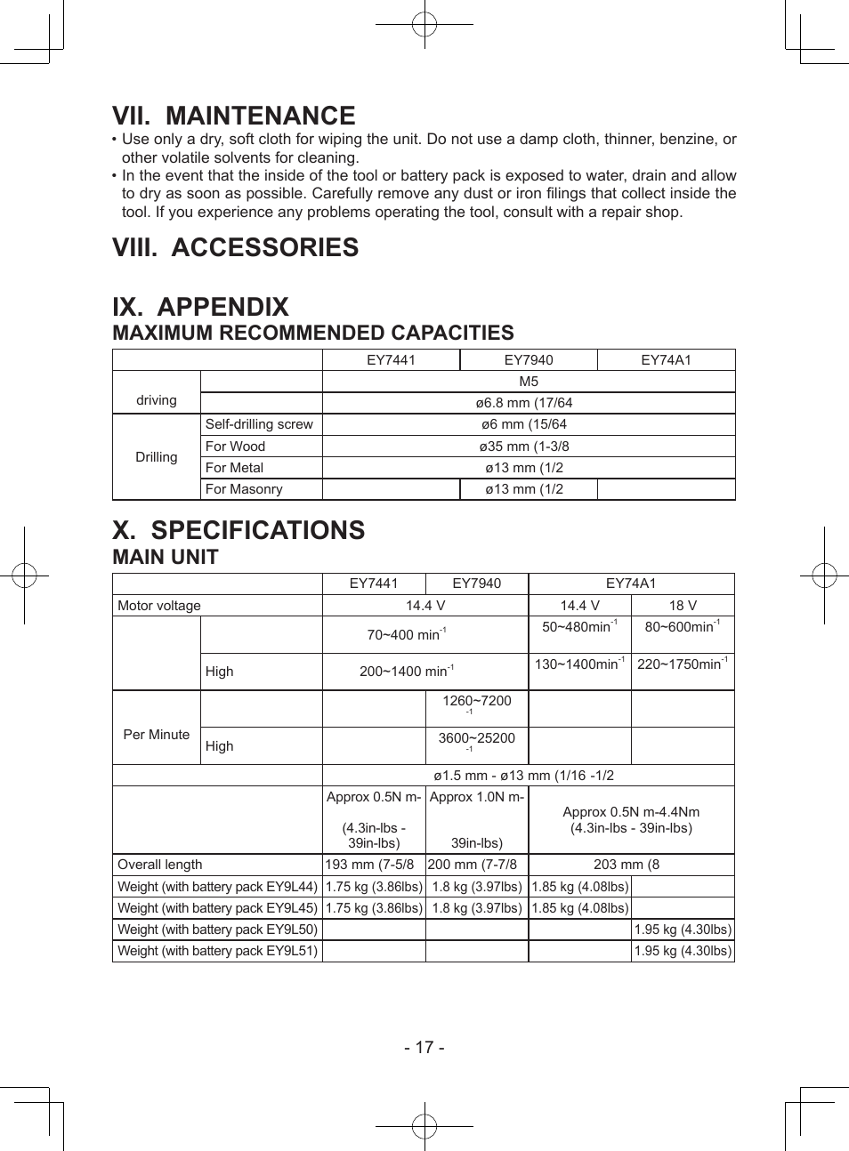 Vii. maintenance, Viii. accessories, Ix. appendix | X. specifications, Maximum recommended capacities, Main unit | Panasonic EY74A1X User Manual | Page 17 / 50