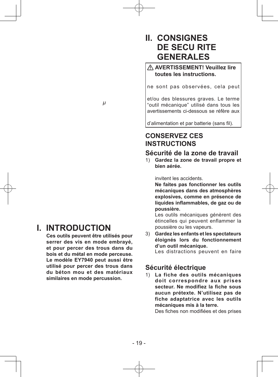 I. introduction, Ii. consignes de secu rite generales, Sécurité électrique | Définitions des codes ip, Garantie limitée | Panasonic EY74A1X User Manual | Page 19 / 50