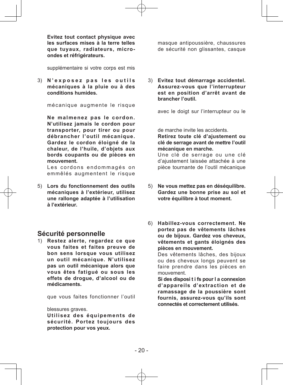 Sécurité personnelle | Panasonic EY74A1X User Manual | Page 20 / 50
