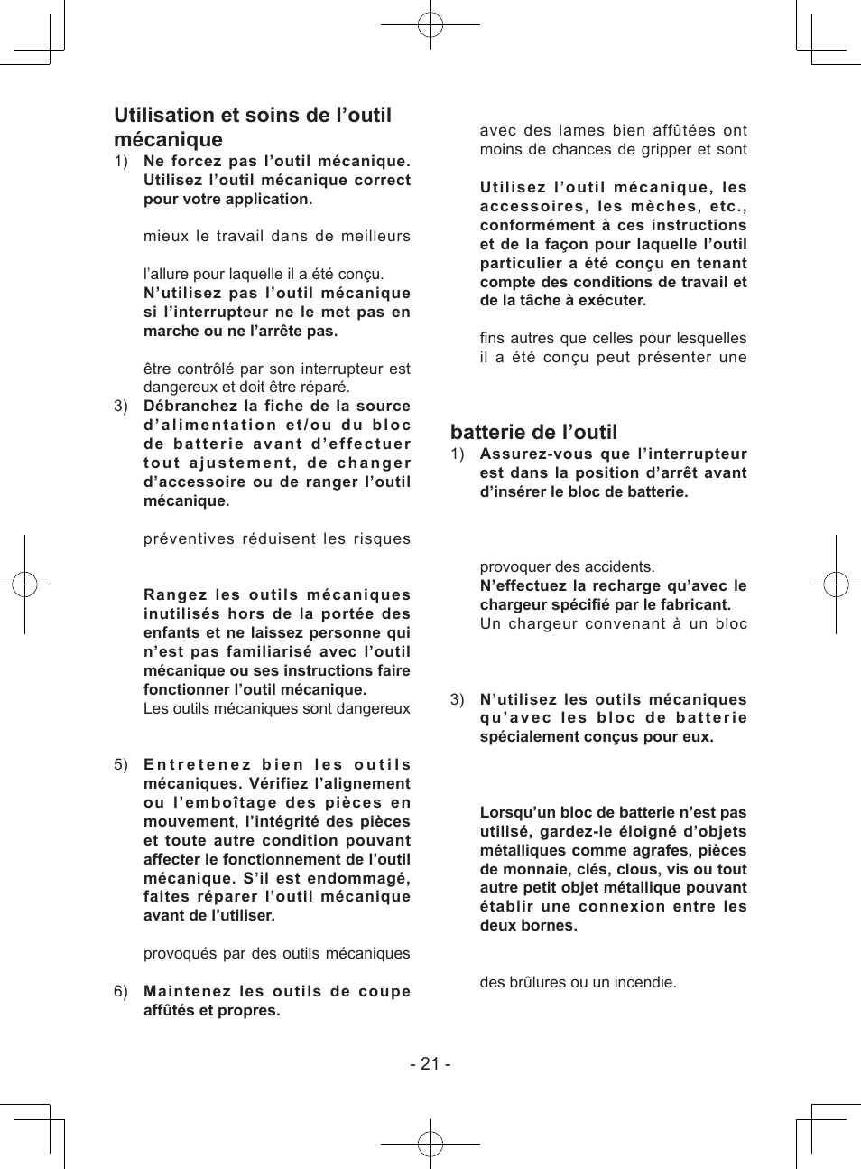 Utilisation et soins de l’outil mécanique, Utilisation et soins de la batterie de l’outil | Panasonic EY74A1X User Manual | Page 21 / 50
