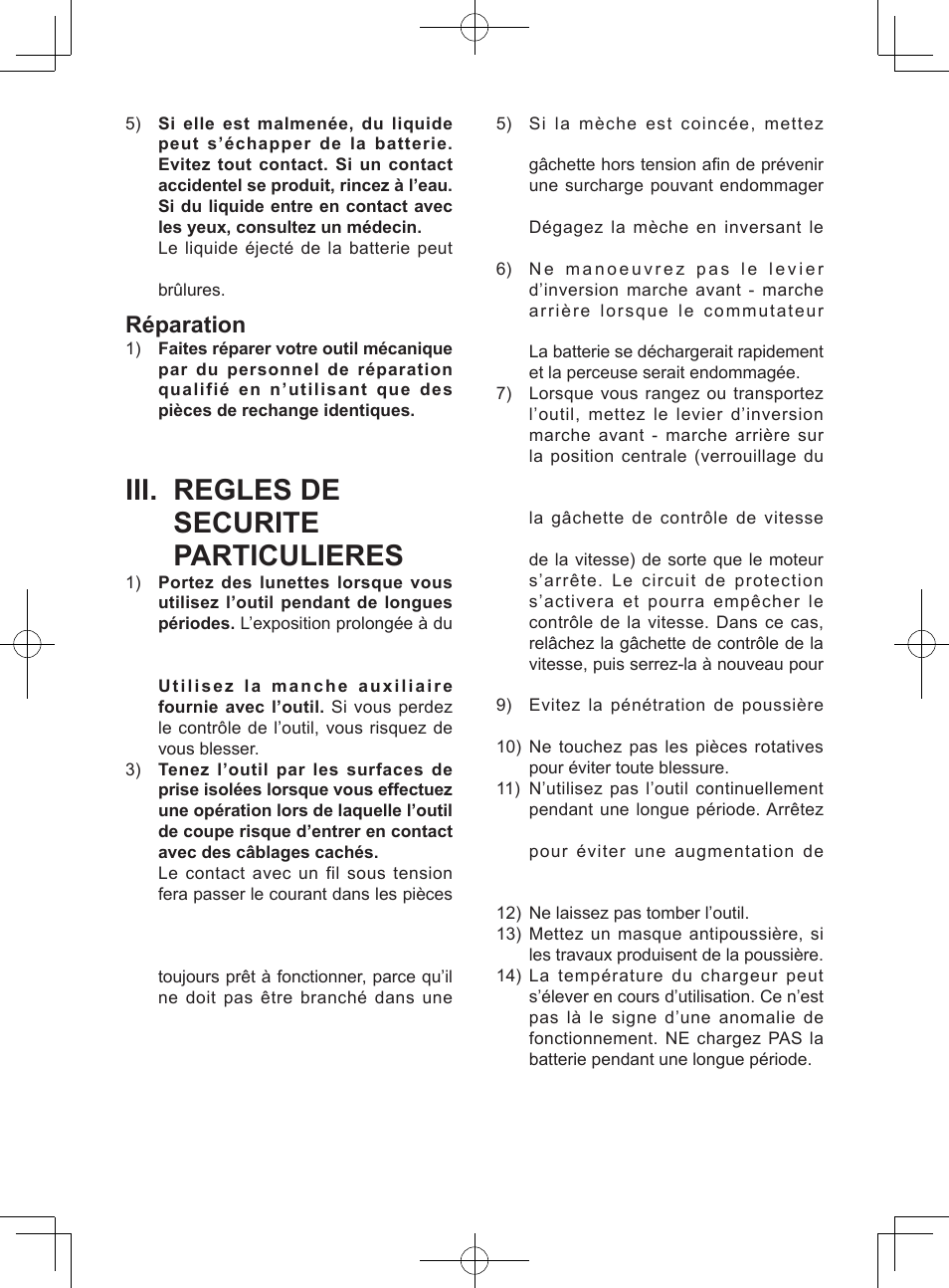 Iii. regles de securite particulieres, Réparation | Panasonic EY74A1X User Manual | Page 22 / 50