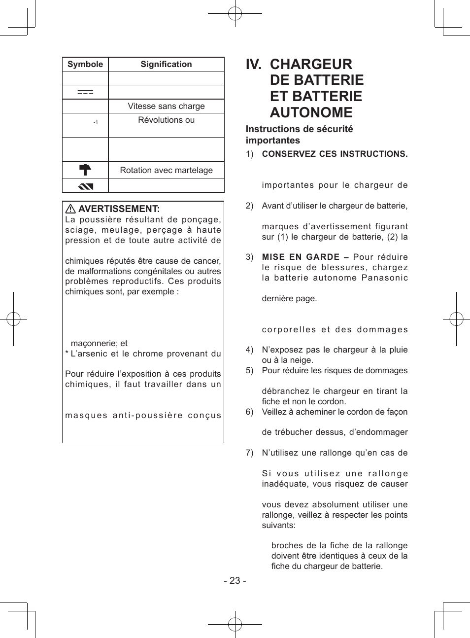 Iv. chargeur de batterie et batterie autonome | Panasonic EY74A1X User Manual | Page 23 / 50