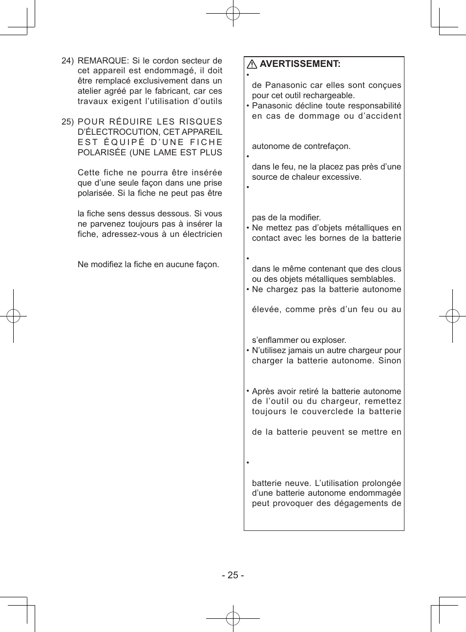 Avertissement | Panasonic EY74A1X User Manual | Page 25 / 50